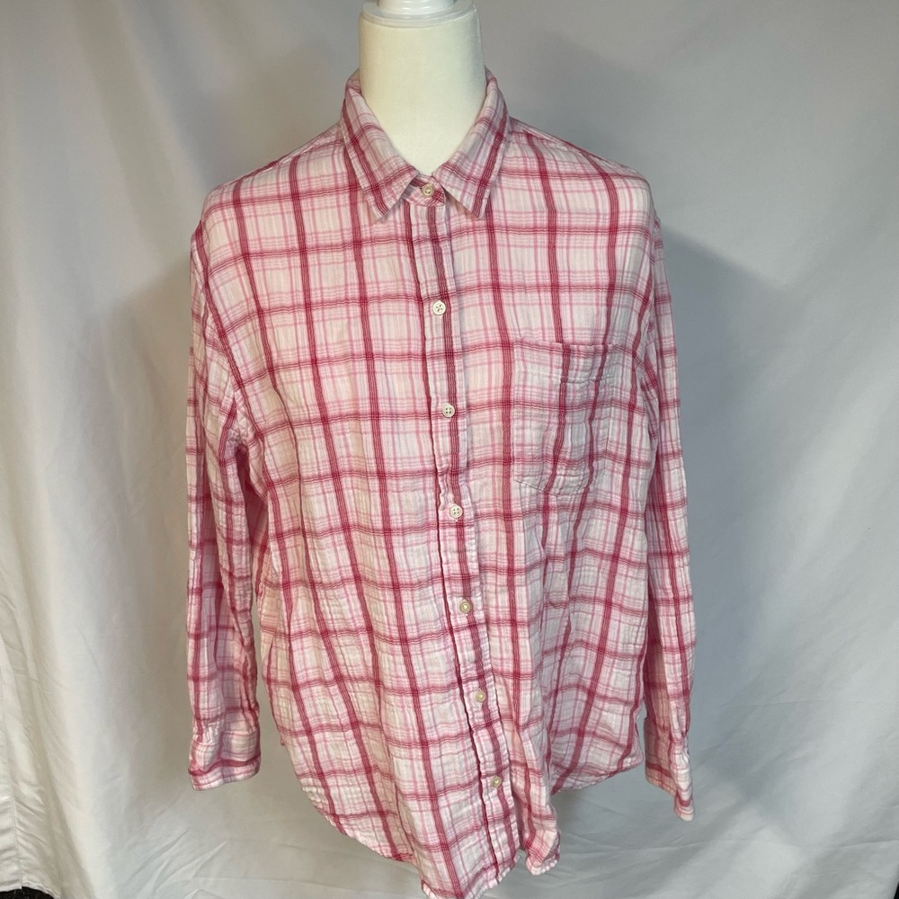 GAP Women’s Pink and White Plaid Button Down Long Sleeve Shirt Size XL